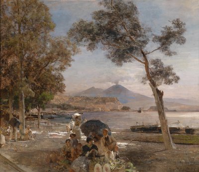 Avondstemming aan de Golf van Napels, op de achtergrond de Vesuvius door Oswald Achenbach